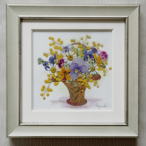 春色新作2021 押し花 押し花額 ミモザ ビオラ 春の花 花籠 バスケット