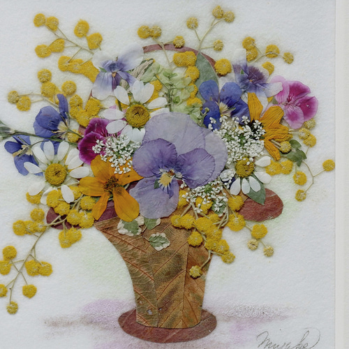 春色新作2021 押し花 押し花額 ミモザ ビオラ 春の花 花籠 バスケット