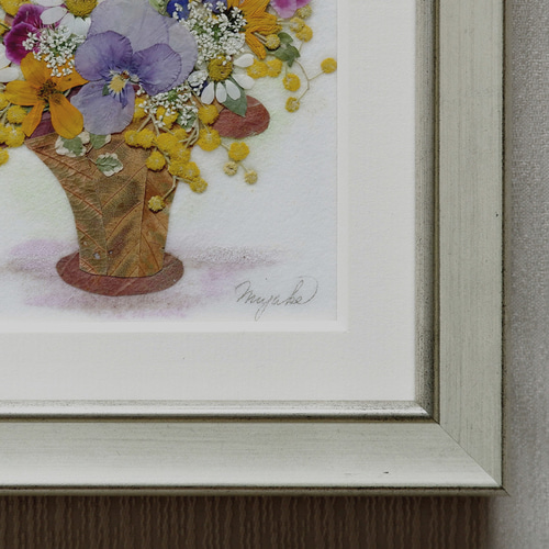 春色新作2021 押し花 押し花額 ミモザ ビオラ 春の花 花籠 バスケット