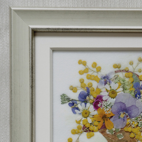 春色新作2021 押し花 押し花額 ミモザ ビオラ 春の花 花籠 バスケット