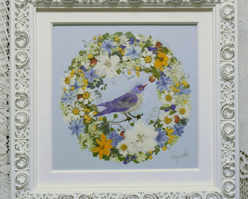 押し花 押し花リース 青い鳥のリース ブルー系 可愛い 幸せ 癒し 高級