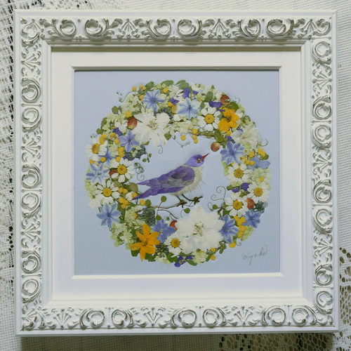 押し花 押し花リース 青い鳥のリース ブルー系 可愛い 幸せ 癒し 高級