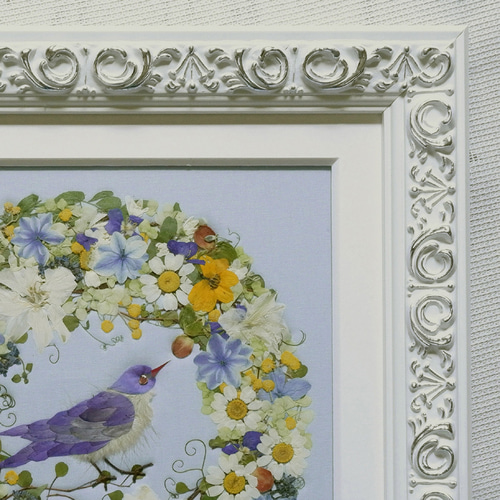 押し花 押し花リース 青い鳥のリース ブルー系 可愛い 幸せ 癒し 高級