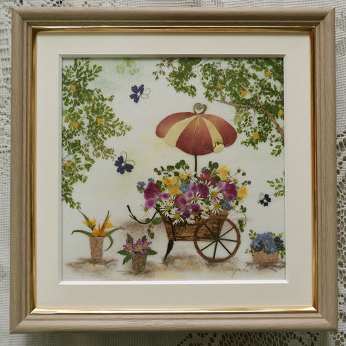 押し花アート❀広場の花屋さん❀押し花額 絵画 アート インテリア 額装 風景画 押し花アート❀広場の花屋さん❀押し花額 絵画 アート