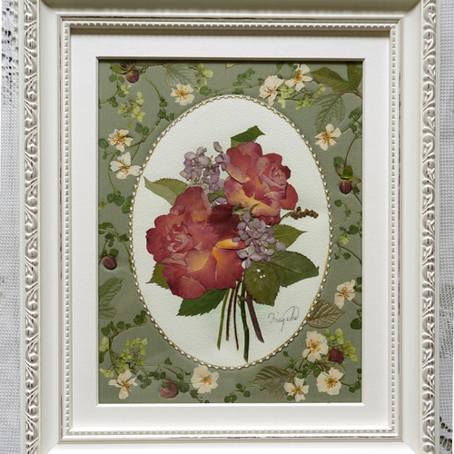 押し花アート 額縁込み (54cm×44cm) 赤華 ギフトにぴったり!豪華な白いフレームと真っ赤な赤い薔薇の
