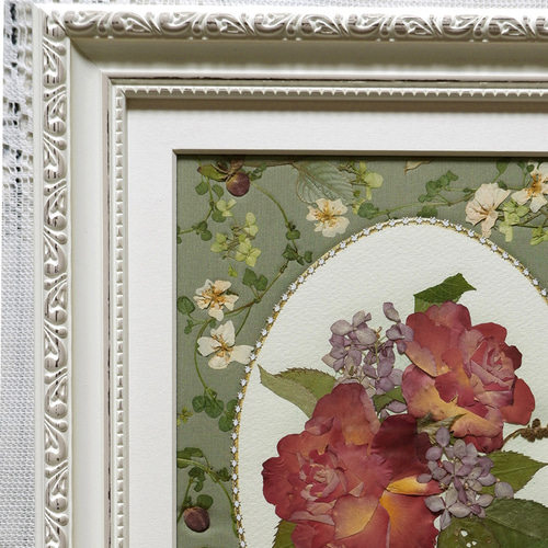 押し花アート 額縁込み (54cm×44cm) 赤華 押し花額 押し花アート 赤 オレンジのバラ 豪華 お祝い 敬老の日