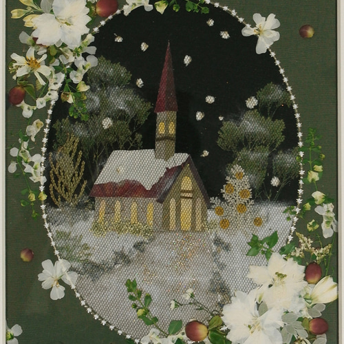 押し花額 押し花アート クリスマス 風景 教会 雪景色 ロマンチック 冬