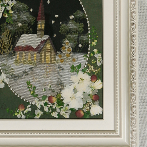 押し花額 押し花アート クリスマス 風景 教会 雪景色 ロマンチック 冬