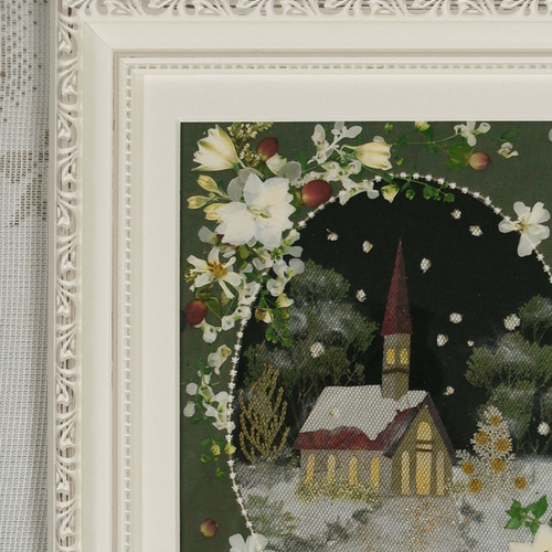 押し花額 押し花アート クリスマス 風景 教会 雪景色 ロマンチック 冬