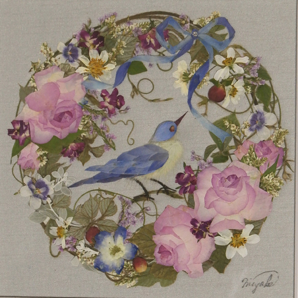 押し花　押し花アート　冬支度ハンドメイド2021 青い鳥のリース　クリスマス　 青い鳥２個目までの方　幸せ　癒し　　　 2枚目の画像