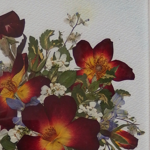 押し花アート 赤いバラを使った押し花額 デッサン風の花瓶に生け