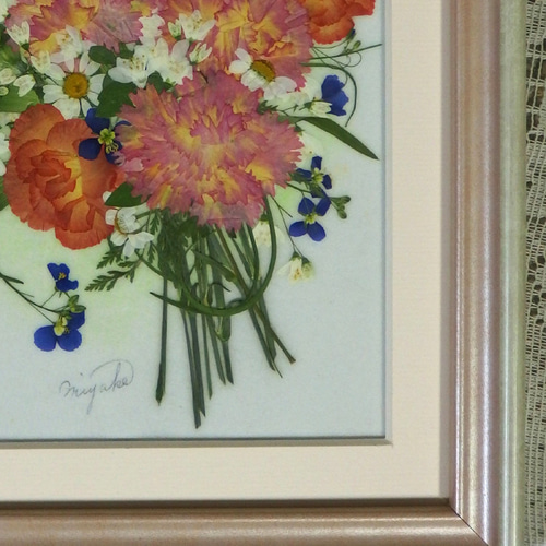 絵画　　押し花額 押し花額 押し花アート ピンク系 カーネーション ブーケ お祝