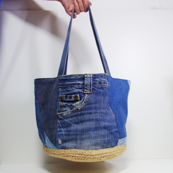 ハンドメイド リメイクデニム トートバッグ ラメ＆レース Dカン