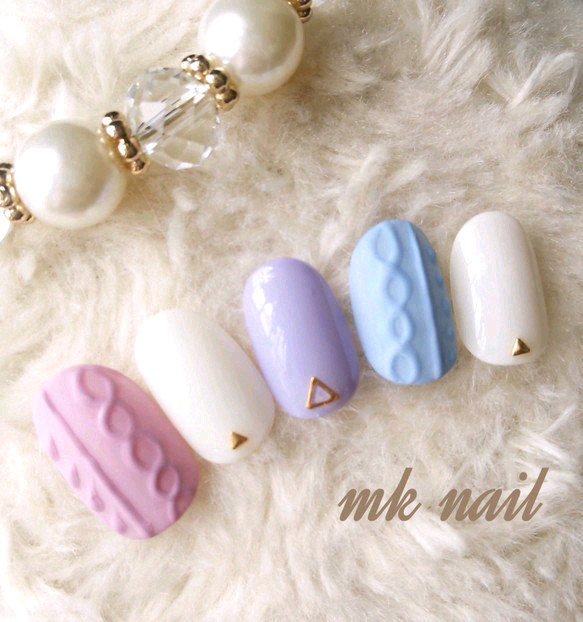 ニットネイル/ダスティピンク/ダスティブルー/あったか/ニット/ネイル