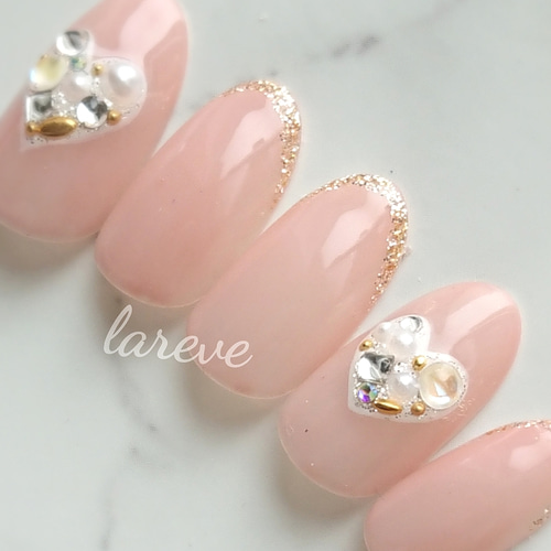 キラキラハートネイル ハート/ラメフレンチ/キラキラ/スワロフスキー