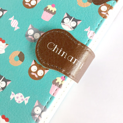【名入れOK】猫とチョコミントのスマホケース　手帳型 2枚目の画像