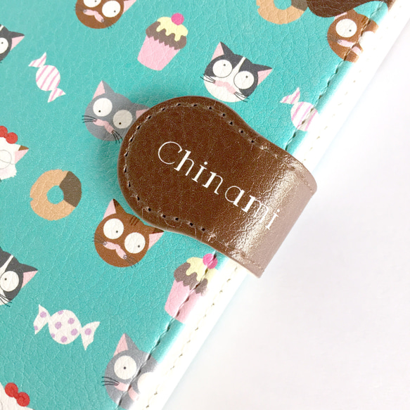 【名入れOK】猫とチョコミントのスマホケース　手帳型 2枚目の画像