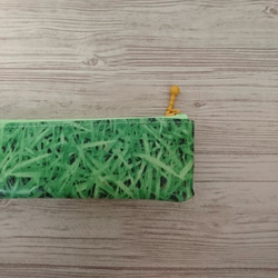 《受注制作》小さめペンケース、歯ブラシケースに♪緑の芝生柄　メッシュ＆ラミネートの小さめポーチ　ビニールポーチ 4枚目の画像