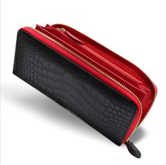 クロコダイル 型押し 長財布 牛革 レザー 黒×赤 ラウンドファスナー 長