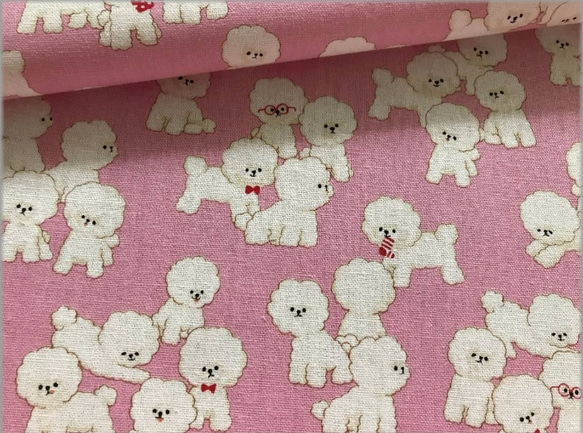 生地幅(110)×50cm ⑅綿麻キャンバス ⑅ ビションフリーゼ 犬 pink ୨୧ ⑅ 1枚目の画像
