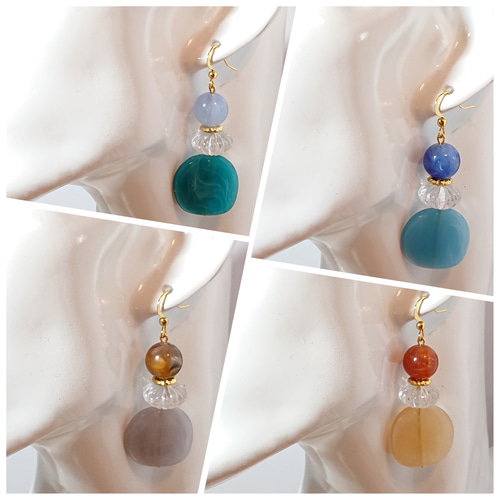 1212】マーブルスクエアと鈴ビーズのピアス／イヤリング 1212