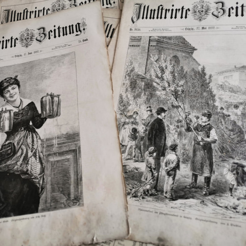 アンティーク】ドイツ 1882/ とてもボロボロ新聞9冊セット その他素材