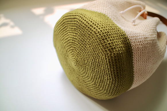 棉繩編織束口提包-白綠 第5張的照片