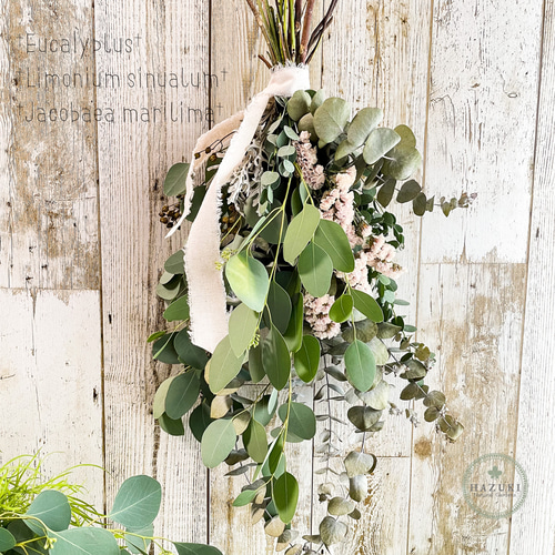 ドライフラワー スワッグ ガーランド ナチュラル カントリー ユーカリ 貝細工 リボン選べる♪60cm 大きいサイズ ノイバラのあるユーカリ ドライ