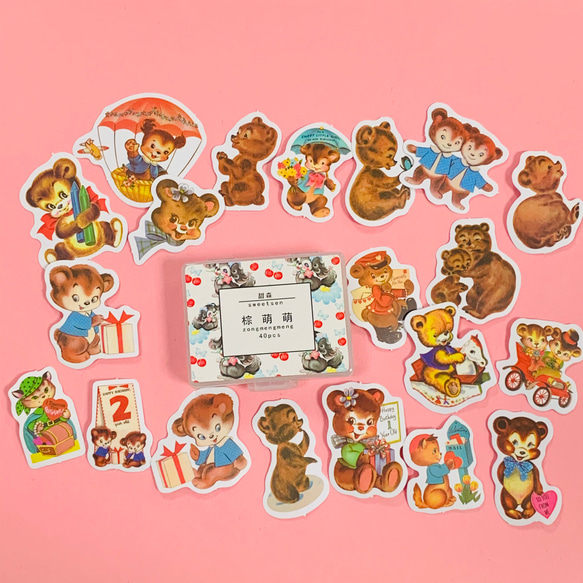 レトロアニマルステッカーくまさんねこさんセット【ケース付】 シール