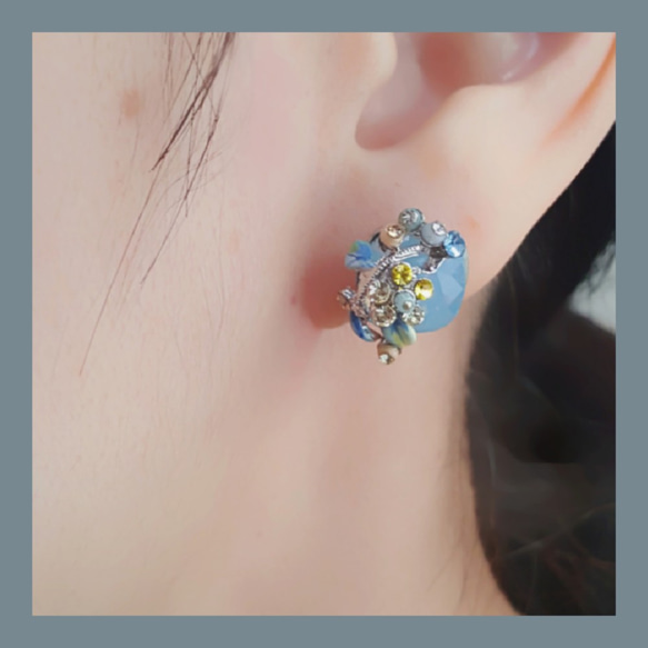 Swarovski ■方□ airblue crystal +花葉包鑲earring~可訂製夾式耳環 第3張的照片