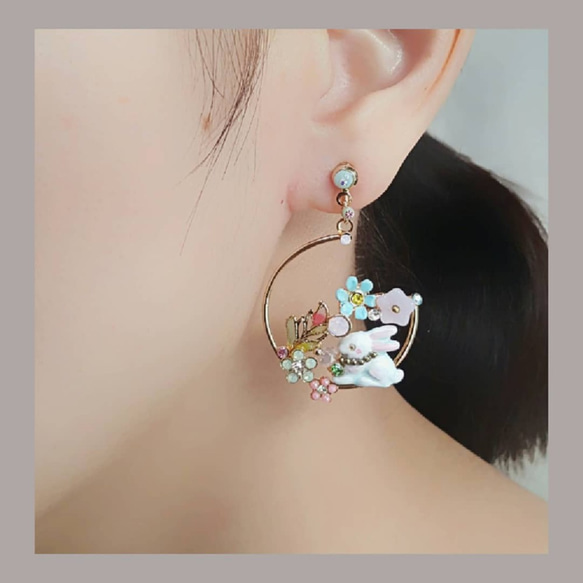 兔子花圈clip earring~可訂製穿式耳環或項鍊 第1張的照片