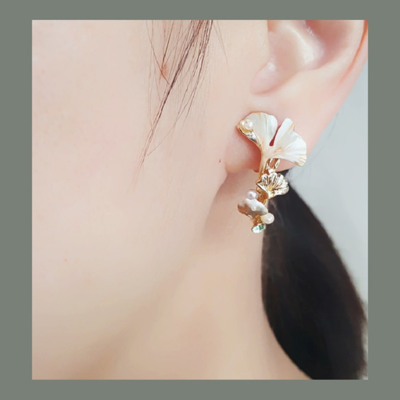 層疊立體/釉亮霧面交疊上色款銀杏葉clip earring～可訂製抗敏鋼耳針式耳環 第4張的照片