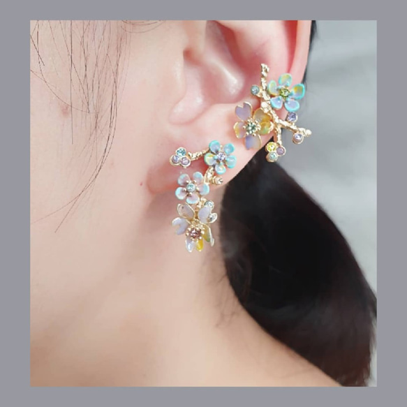 櫻與梅 烈日與斜陽 clip earring~後方設計針式訂製於後扣處如樣處理（複合媒材） 第1張的照片