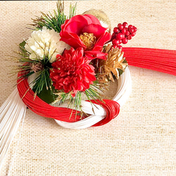 紅白/水引リース/正月飾り/ピンポンマム/牡丹/椿/玄関飾り/水引/しめ縄