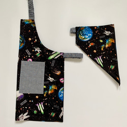 宇宙柄☆120〜130サイズこどもエプロン、三角巾、巾着3点セット 2枚目の画像