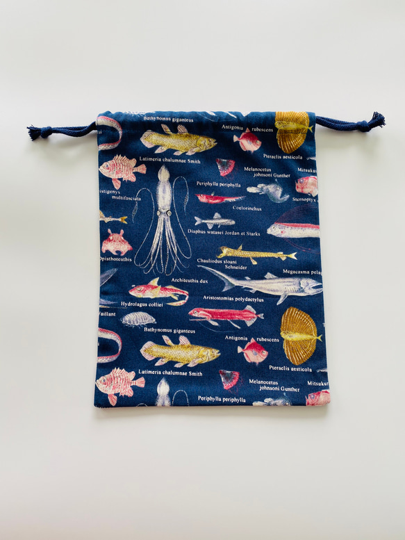 深海魚柄☆120〜130こどもエプロン、三角巾、巾着の3点セット 7枚目の画像