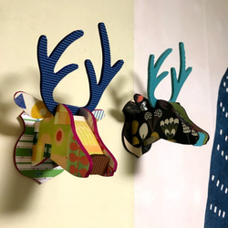 鹿の壁掛け〔ブルー＆イエローポップ・小さいサイズ〕　玄関やお部屋を飾るアニマルヘッド/アニマルトロフィー　受注販売 3枚目の画像