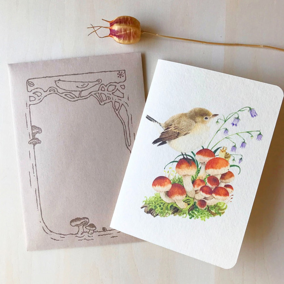 封筒リニューアル！ 野鳥とキノコのグリーティングカード（３種類入り） 9枚目の画像