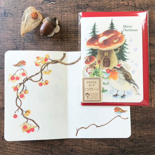 クリスマスカード『ロビンとキノコ』 メッセージカード ふじいかずえ