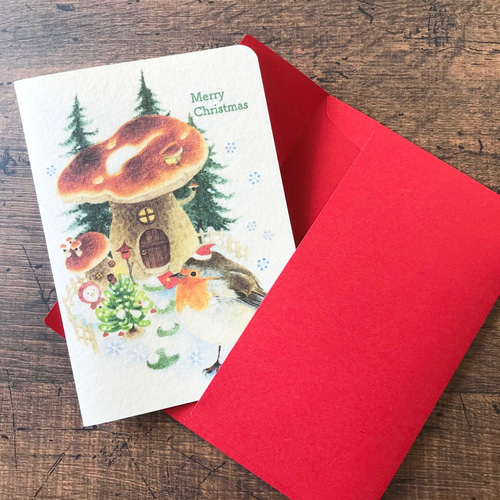 クリスマスカード『ロビンとキノコ』 メッセージカード ふじいかずえ