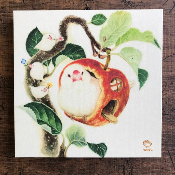 「白文鳥とリンゴ」15x15cm パネル作品 1枚目の画像