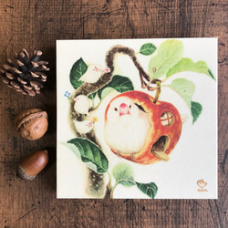 「白文鳥とリンゴ」15x15cm パネル作品 4枚目の画像