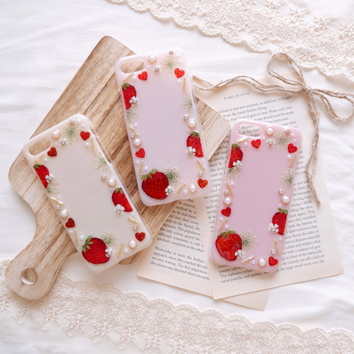 ❁スマホリング選択❁ 本物いちごフレーム❁.*・ﾟ押し花・押しフルーツ