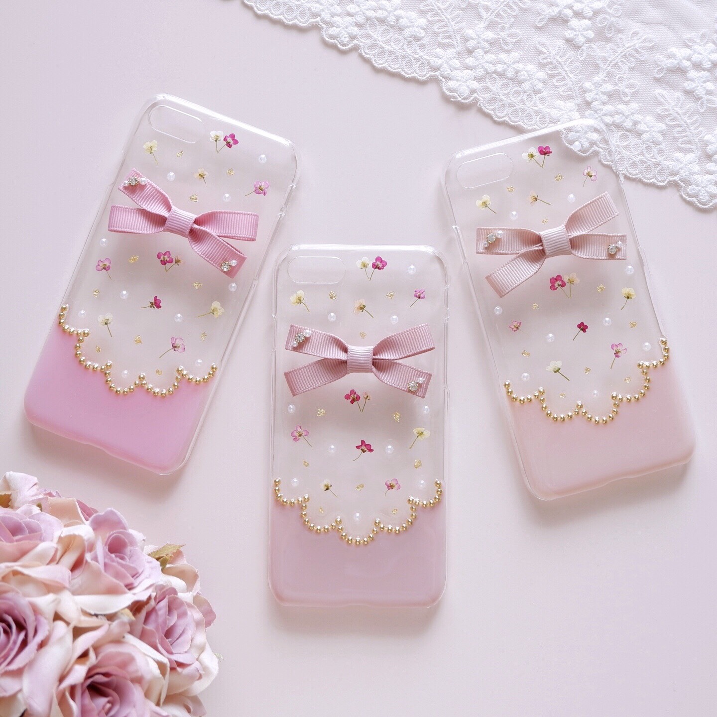 アリッサムとリボンのスカラップ❁.*･ﾟ押し花iPhoneケース【※iPhone専用ページ】