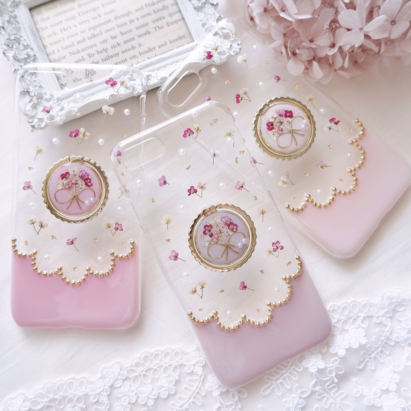 【全機種対応】ピンクアリッサムブーケのスカラップ（スマホリング付き）❁.*･ﾟスマホケース