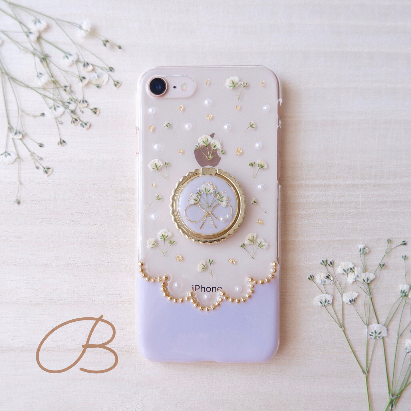 ❁スマホリング付き❁【全機種対応】かすみ草ブーケのスカラップ❁.*･ﾟスマホケース