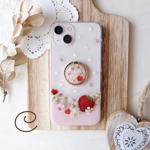 iPhone - ぶらんこ♡さま専用 ❁スマホリング付き❁ 文字入れいちごフラワー❁.*・ﾟ