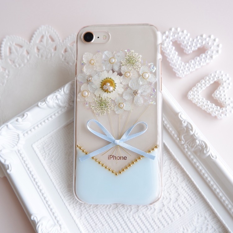 【全機種対応】可憐なミニブーケ❁.*･ﾟスマホケース  ライトブルー