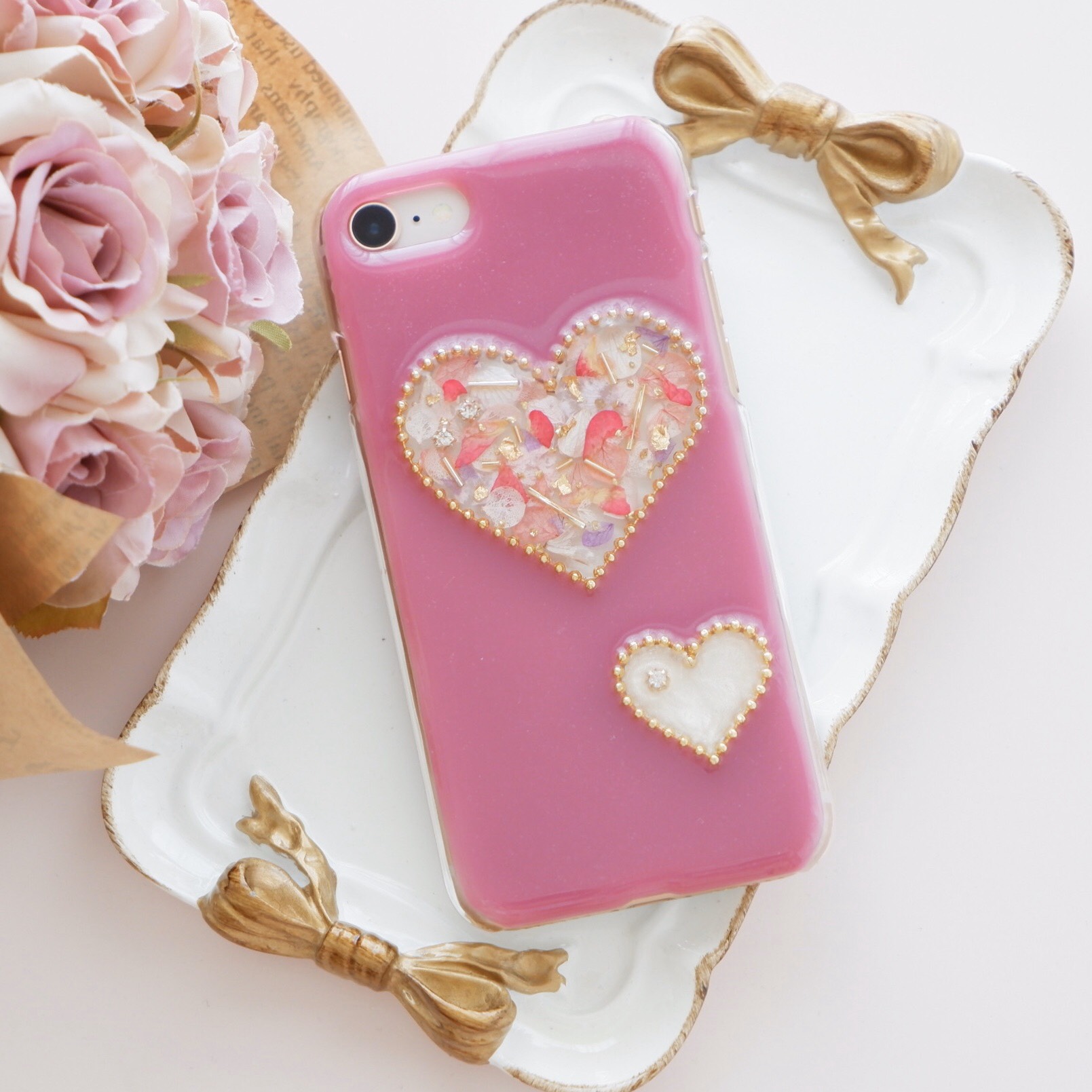 花びらの詰まったクリアハート❁.*･ﾟスマホケース  ダークラズベリー【※iPhone専用ページ】