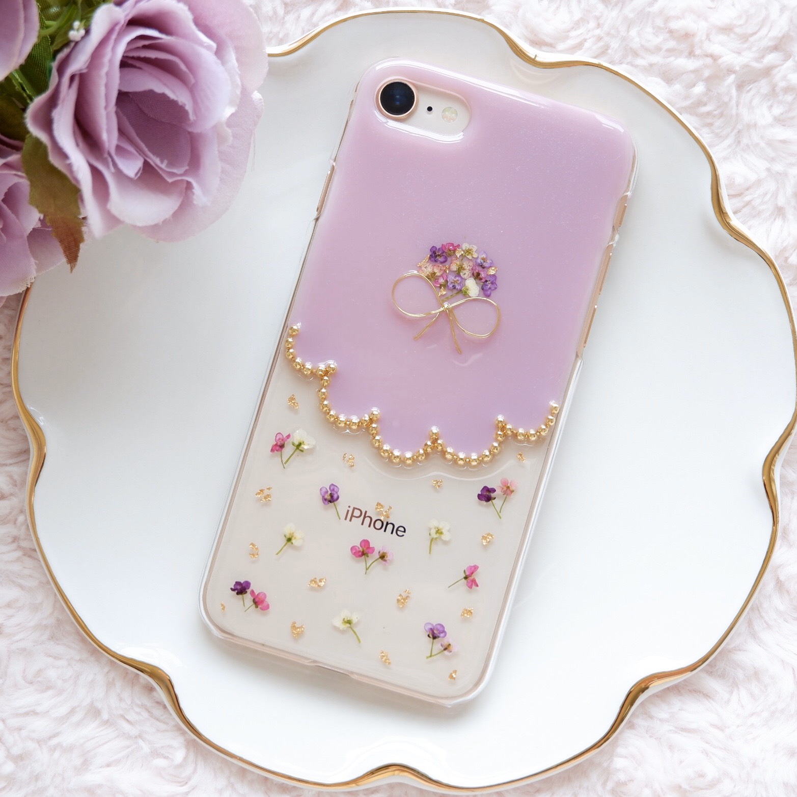 【全機種対応】アリッサムブーケのスカラップ❁.*･ﾟスマホケース  モーヴピンク